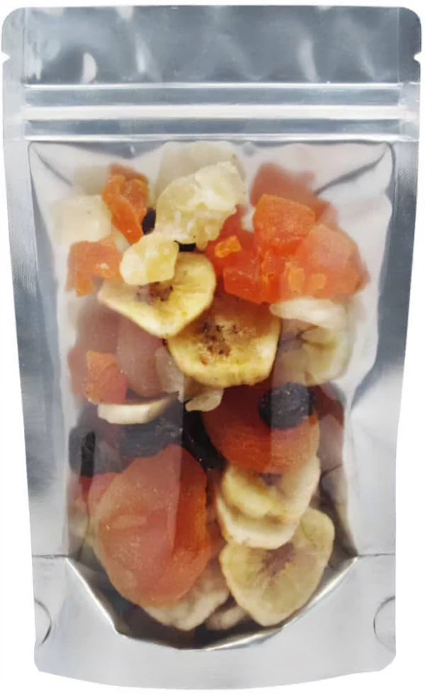 2 oz Stand Up Pouch with valve Clear/Gold PET/ALU/LLDPE with Dried Fruit