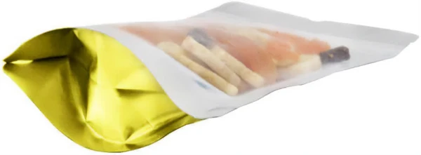 Clear/Gold 2 oz. Stand Up Pouch with Valve Bottom Gusset Bottom of Clear/Gold 2 oz. Stand Up Pouch with Valve with Dried Fruit