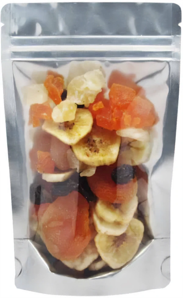 Clear/Gold 2 oz. Stand Up Pouch with Valve Clear/Gold 2 oz. Stand Up Pouch with Valve with Dried Fruit