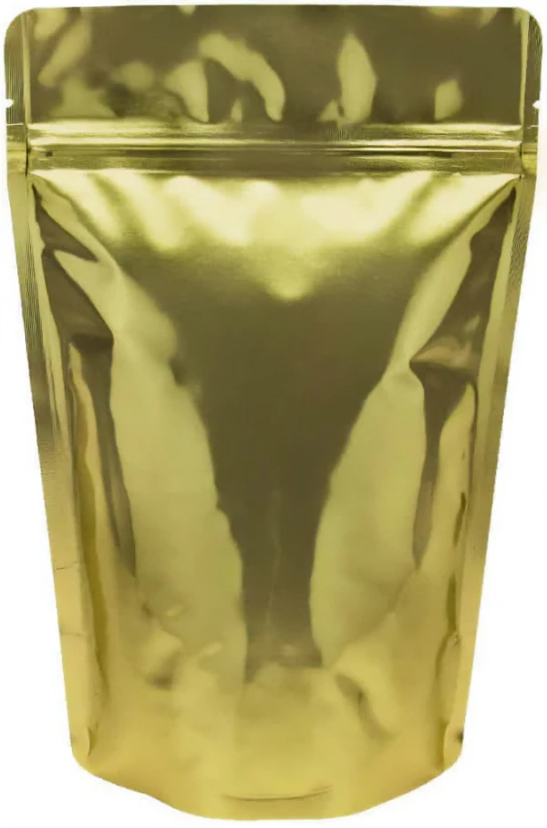 Clear/Gold 4 oz. Stand Up Pouch Back 4 oz Stand Up Pouch Clear/Gold PET/ALU/LLDPE Back with Blue Candy