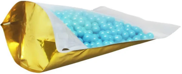Clear/Gold 4 oz. Stand Up Pouch Bottom Gusset 4 oz Stand Up Pouch Clear/Gold PET/ALU/LLDPE Bottom Gusset with Blue Candy