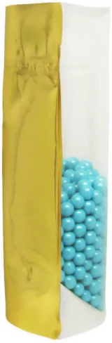4 oz Stand Up Pouch Clear/Gold PET/ALU/LLDPE Side View with Blue Candy
