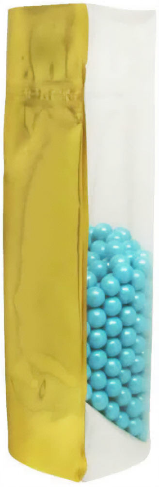 Clear/Gold 4 oz. Stand Up Pouch Side 4 oz Stand Up Pouch Clear/Gold PET/ALU/LLDPE Side View with Blue Candy