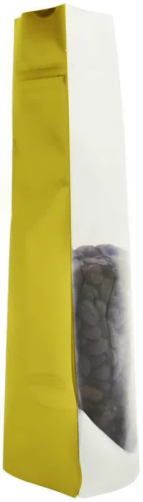 Side View of Clear/Gold 4 oz. Stand Up Pouch with Valve with Coffee Beans