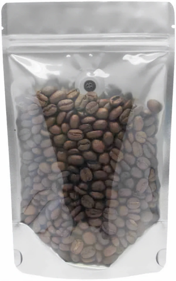 Clear/Gold 4 oz. Stand Up Pouch with Valve Clear/Gold 4 oz. Stand Up Pouch with Valve with Coffee Beans