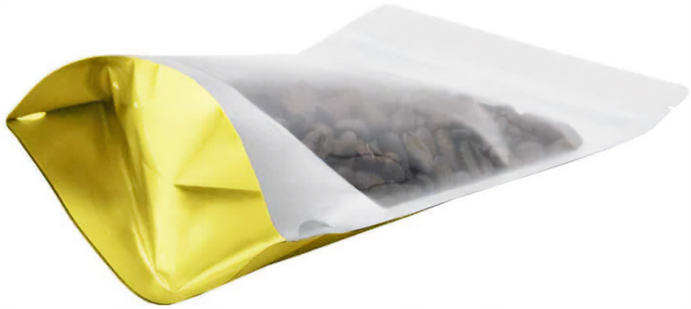 Gold Bottoom of Clear/Gold 8 oz. Stand Up Pouch with Valve with Coffee Beans