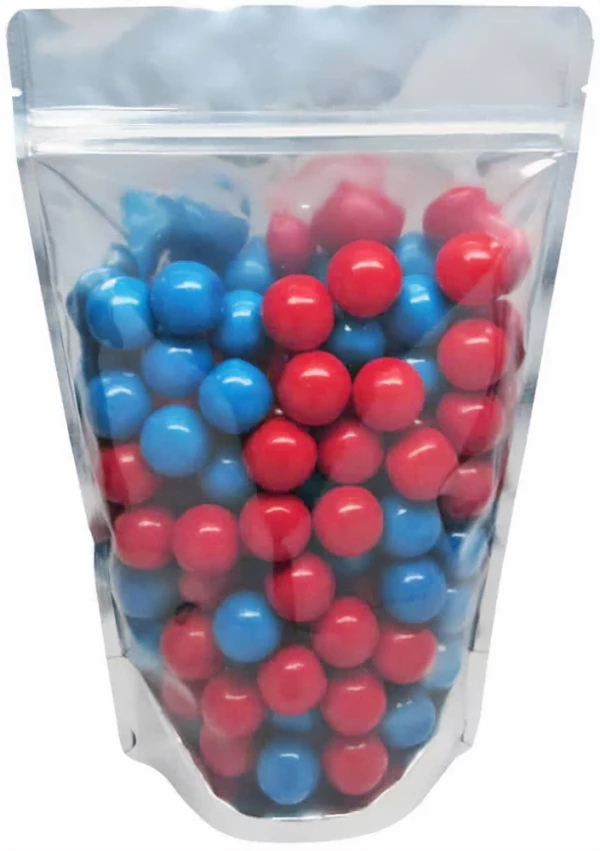 16 oz Stand Up Pouch Clear/Silver MBOPP/PET/ALU/LLDPE with red and blue Gum Balls