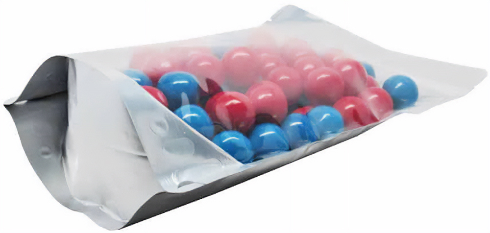 16 oz Stand Up Pouch Clear/Silver MBOPP/PET/ALU/LLDPE Bottom Gusset with Red and Blue Gum balls