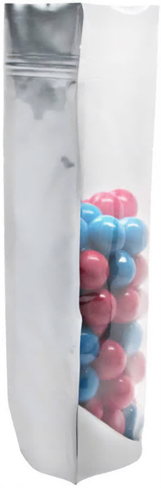 Clear/Silver 16 oz. Stand Up Pouch Side 16 oz Stand Up Pouch Clear/Silver MBOPP/PET/ALU/LLDPE Side with Red and Blue Gum balls