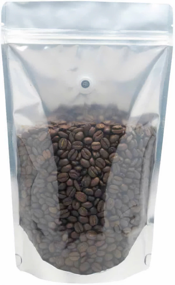 16 oz Stand Up Pouch with valve Clear/Silver MBOPP/PET/ALU/LLDPE with Coffee Beans