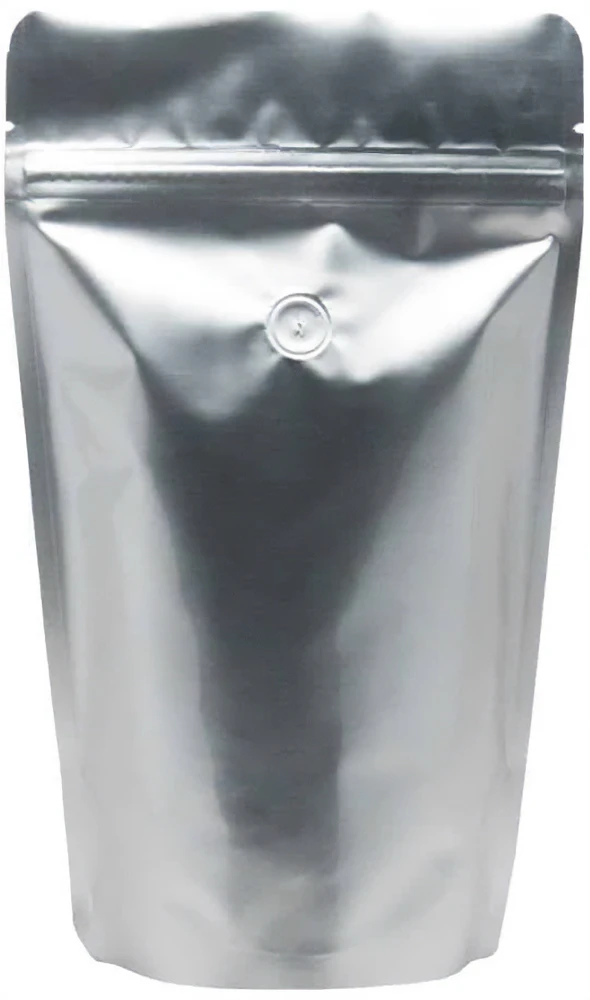 Clear/Silver 16 oz. Stand Up Pouch with Valve Back Silver Back of Clear/Black 16 oz. Stand Up Pouch with Valve