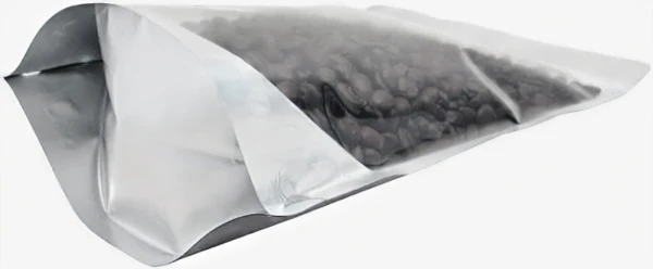 Clear/Silver 16 oz. Stand Up Pouch Bottom Gusset Silver Bottom of Clear/Black 16 oz. Stand Up Pouch with Valve with Coffee Beans