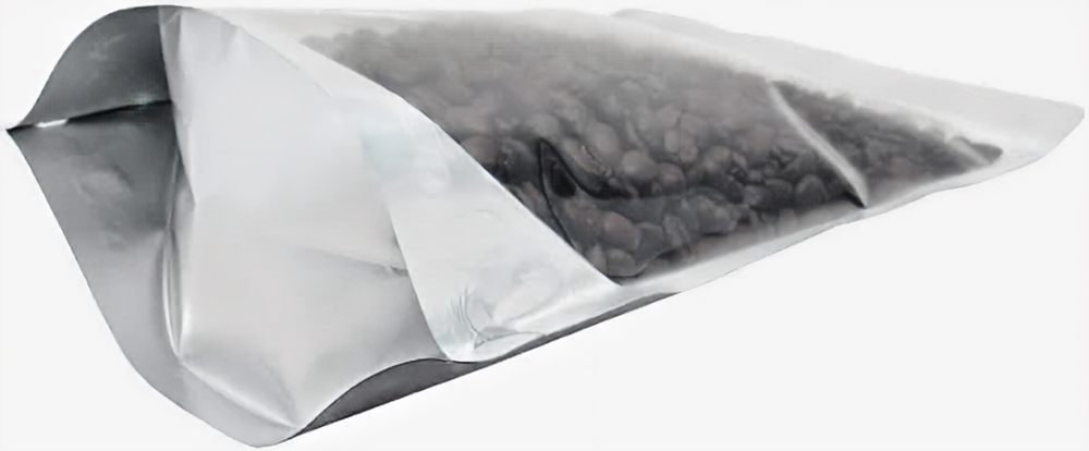 Silver Bottom of Clear/Black 16 oz. Stand Up Pouch with Valve with Coffee Beans