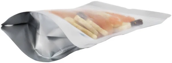Clear and Silver 2 oz. Stand Up Pouch Bottom Gusset 2 oz Stand Up Pouch Clear/Silver PET/ALU/LLDPE Bottom Gusset with Trail Mix