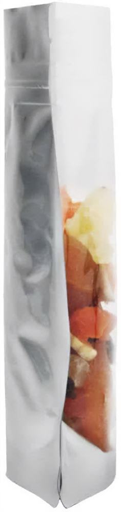 Clear and Silver 2 oz. Stand Up Pouch Side 2 oz Stand Up Pouch Clear/Silver PET/ALU/LLDPE Side view with Trail Mix