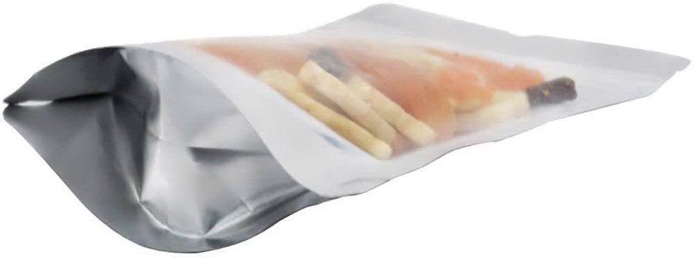 Bottom of Clear/Silver 2 oz. Stand Up Pouch with Valve with Trail Mix
