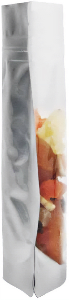 Clear/Silver 2 oz. Stand Up Pouch with Valve Side Side View of Clear/Silver 2 oz. Stand Up Pouch with Valve with Trail Mix