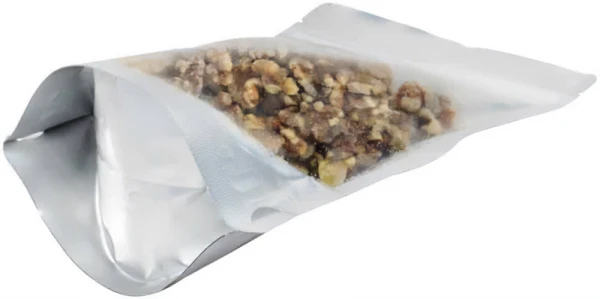 Clear/Silver 4 oz. Stand Up Pouch Back Bottom Gusset 4 oz Stand Up Pouch Clear/Silver PET/ALU/LLDPE Bottom Gusset with nuts
