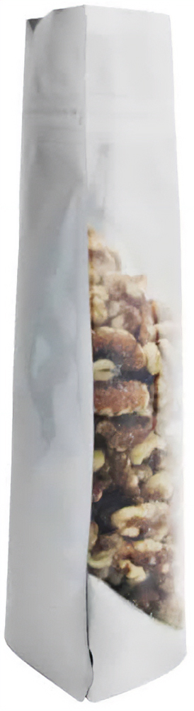 Clear/Silver 4 oz. Stand Up Pouch Back Side 4 oz Stand Up Pouch Clear/Silver PET/ALU/LLDPE Side View with nuts