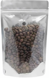 Clear/Silver 4 oz. Stand Up Pouch with Valve with Coffee Beans