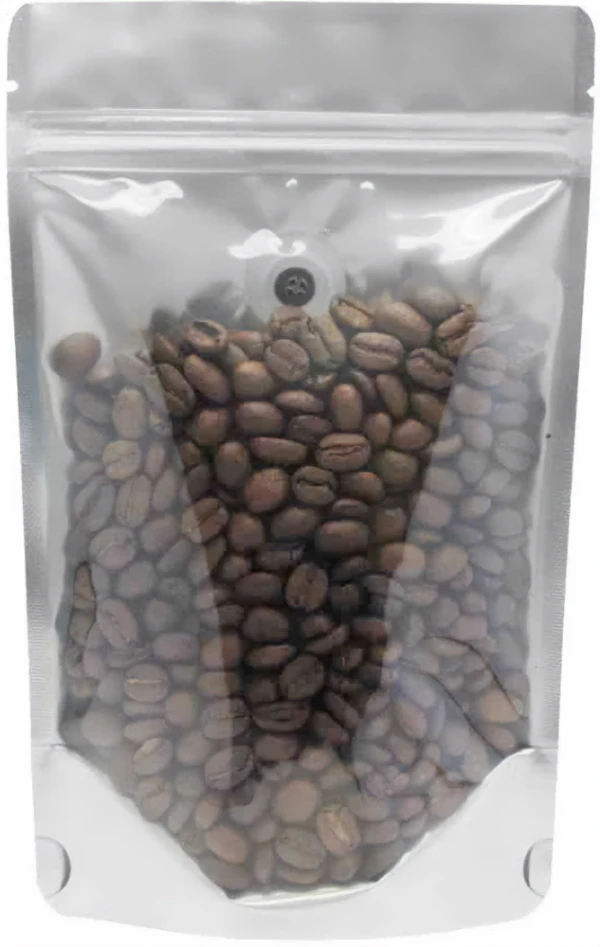 Clear/Silver 4 oz. Stand Up Pouch with Valve Clear/Silver 4 oz. Stand Up Pouch with Valve with Coffee Beans