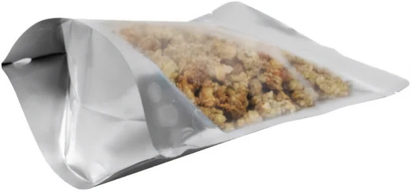 Clear/Silver 8 oz. Stand Up Pouch Side 8 oz Stand Up Pouch Clear/Silver PET/ALU/LLDPE Bottom Gusset with Granola