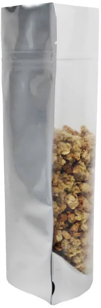 Clear/Silver 8 oz. Stand Up Pouch Side 8 oz Stand Up Pouch Clear/Silver PET/ALU/LLDPE Side with Granola
