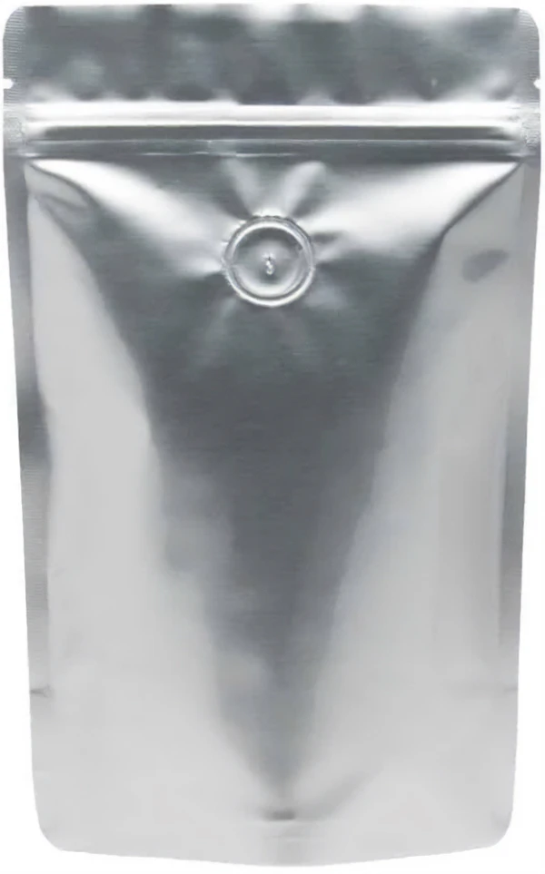 Clear/Silver 8 oz. Stand Up Pouch with Valve Back Silver Back of Clear/Silver 8 oz. Stand Up Pouch with Valve