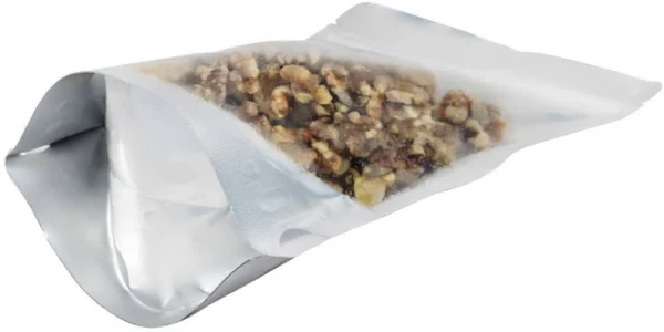 Clear/Silver 8 oz. Stand Up Pouch with Valve Bottom Gusset Silver Bottom of Clear/Silver 8 oz. Stand Up Pouch with Valve with Walnuts