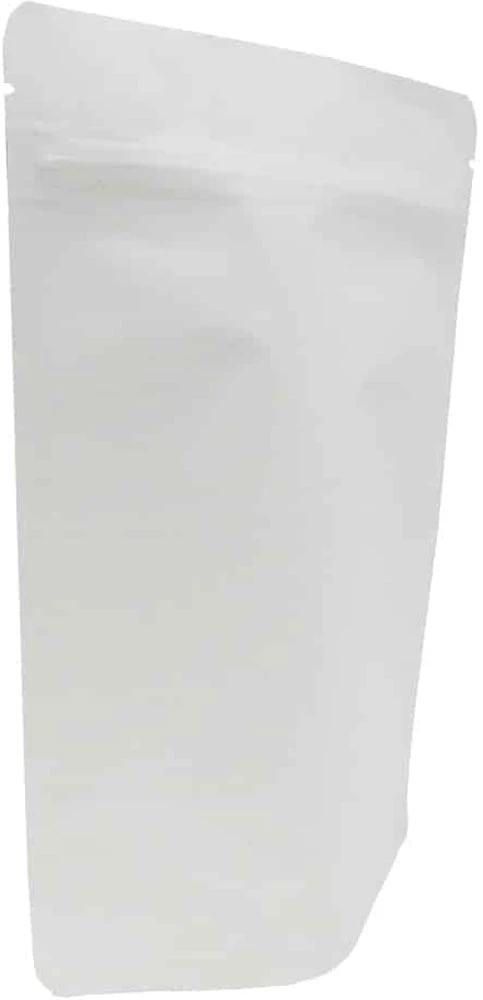4 oz Stand Up Pouch White Kraft WHITE KRAFT/PET/ALU/LLDPE for Weed 4 oz Stand Up Pouch White Kraft WHITE KRAFT/PET/ALU/LLDPE for Weed at Angle