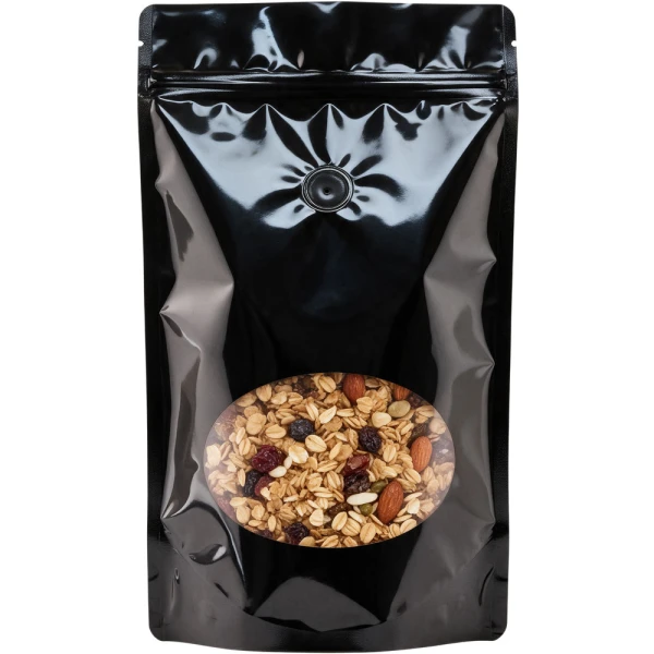 Black 16 oz. Window Stand Up Pouch with Valve 16 oz. Laminated Window Stand Up Zipper Pouch Bags - 6 3/4x11 1/2 + 4 BLACK - PET/LLDPE