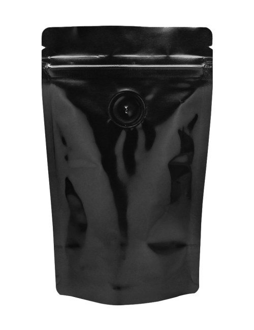 2 oz Stand Up Pouch with valve Black PET/ALU/LLDPE