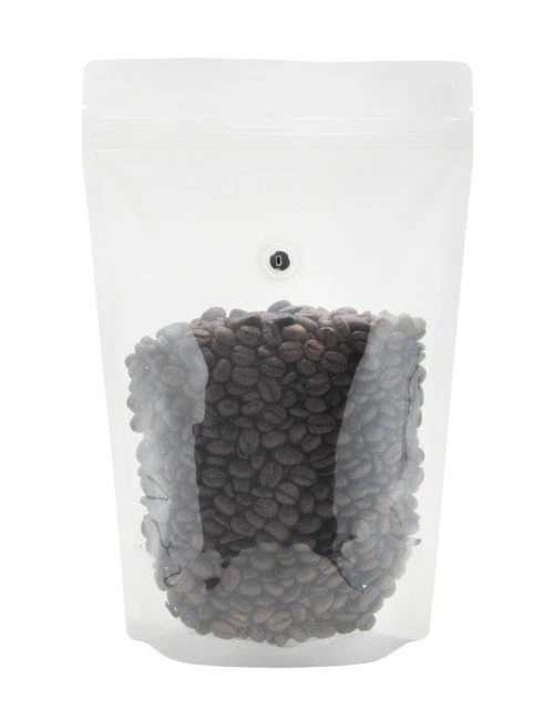 Clear 12 oz. Stand Up Pouch with Valve Clear 12 oz. Stand Up Pouch with Valve with Coffee Beans