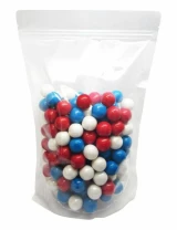 Clear 9x13 1/2 + 4 3/4 2 lb Stand Up Pouch with Red White and Blue Candy Balls