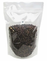 Clear 9 x13 1/2 + 4 3/4 Clear 2 lb Stand Up Pouch with Valve with Coffee Beans