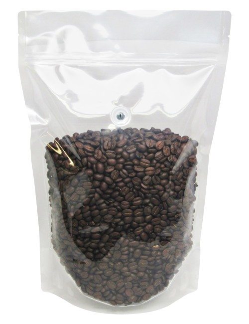 9 x13 1/2 + 4 3/4 Clear 2 lb Stand Up Pouch with Valve Clear 9 x13 1/2 + 4 3/4 Clear 2 lb Stand Up Pouch with Valve with Coffee Beans