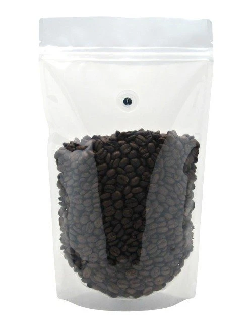Clear 24 oz. Stand Up Pouch with Valve Clear 24 oz Stand Up Pouch with valve with Coffee Beans