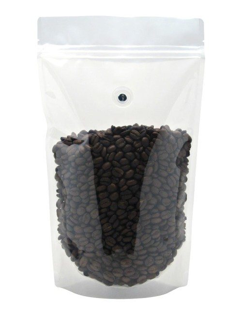 Clear 24 oz Stand Up Pouch with valve with Coffee Beans