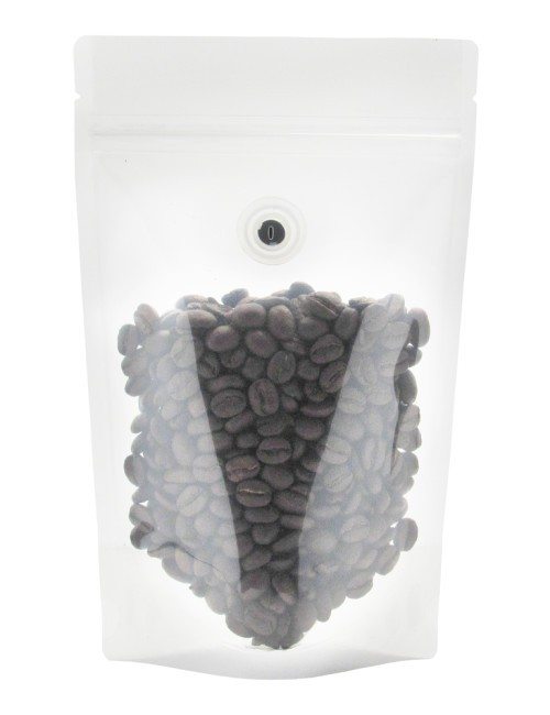 Clear 4 oz. Stand Up Pouch with Valve Clear 4 oz. Stand Up Pouch with Valve with Coffee Beans