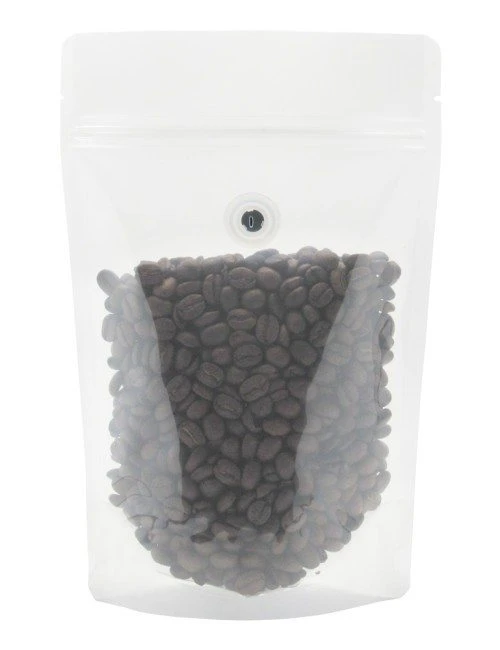 Clear 8 oz. Stand Up Pouch with Valve Clear 8 oz. Stand Up Pouch with Valve with Coffee Beans