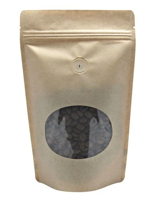 Kraft 8 oz. Window Stand Up Pouch with Valve 8 oz. Laminated Window Stand Up Zipper Pouch Bags - 6x9+3-1/2 KRAFT - PET/LLDPE