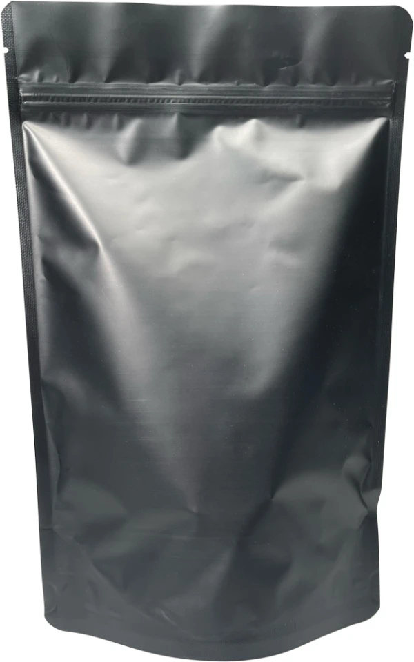 Matte Black 12 oz. Stand Up Pouch with Valve 12 oz Stand Up Zipper Pouch Bags with valve - 6 3/4 x 10 1/2 + 3 1/2 MATTE BLACK - MBOPP/PET/ALU/LLDPE Back