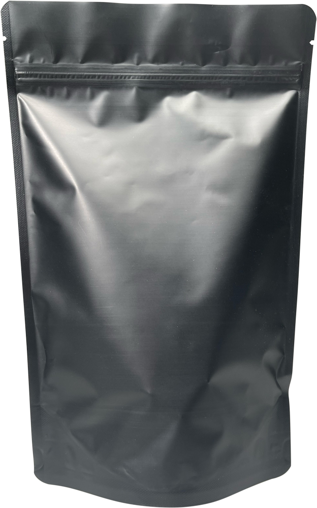 12 oz Stand Up Zipper Pouch Bags with valve - 6 3/4 x 10 1/2 + 3 1/2 MATTE BLACK - MBOPP/PET/ALU/LLDPE Back