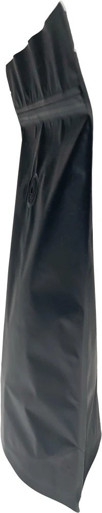 Matte Black 12 oz. Stand Up Pouch with Valve 12 oz Stand Up Zipper Pouch Bags with valve - 6 3/4 x 10 1/2 + 3 1/2 MATTE BLACK - MBOPP/PET/ALU/LLDPE Side