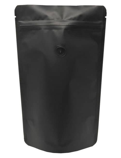 4 oz Stand Up Pouch with valve Matte Black MBOPP/PET/ALU/LLDPE 4 oz Stand Up Pouch with valve Matte Black MBOPP/PET/ALU/LLDPE
