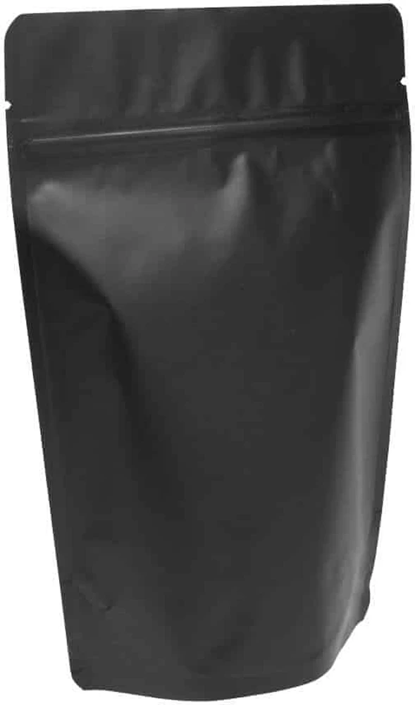 Matte Black 8 oz. Stand Up Pouch with Valve Back Side 8 oz. Stand Up Zipper Pouch Bags with valve - 5 7/8x9 + 3 1/2 MATTE BLACK - MBOPP/PET/ALU/LLDPE Back Side