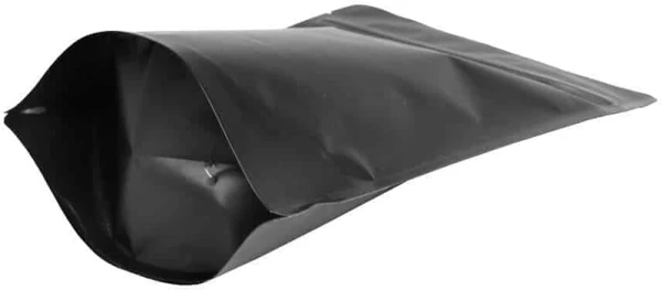 Matte Black 8 Ounce Stand Up Pouch with Valve Bottom Gusset 8 oz. Stand Up Zipper Pouch Bags with valve - 5 7/8x9 + 3 1/2 MATTE BLACK - MBOPP/PET/ALU/LLDPE Bottom Gusset