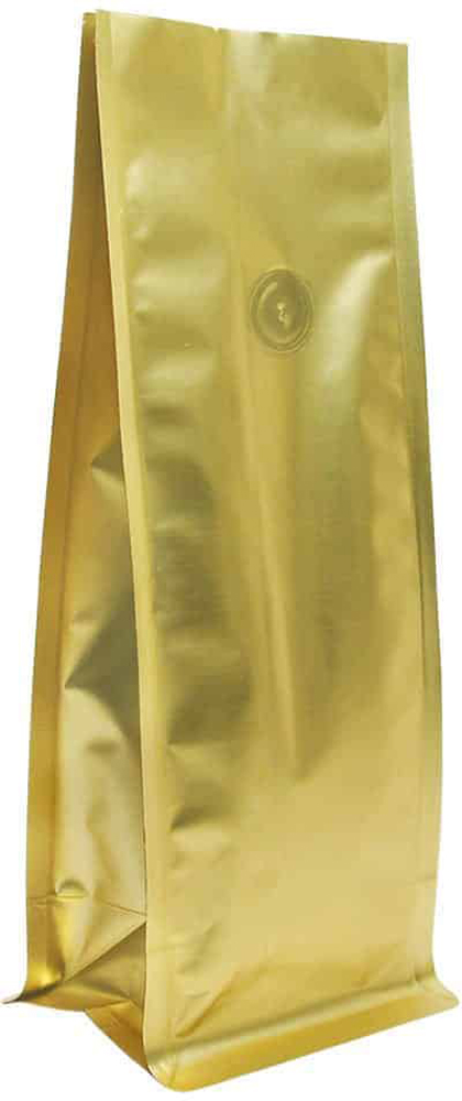 Matte Gold 8 oz. Block Bottom Side Gusset Bags with Valve 8 oz. Block Bottom Side Gusset Bags with valve - 3 1/2 x 2 3/4 x 9 3/8 Matte Gold