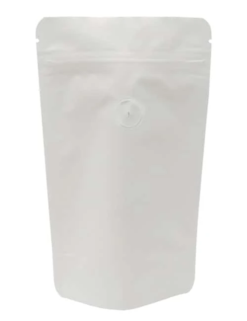 2 oz Stand Up Pouch with valve Matte White MBOPP/PET/ALU/LLDPE 2 oz Stand Up Pouch with valve Matte White MBOPP/PET/ALU/LLDPE