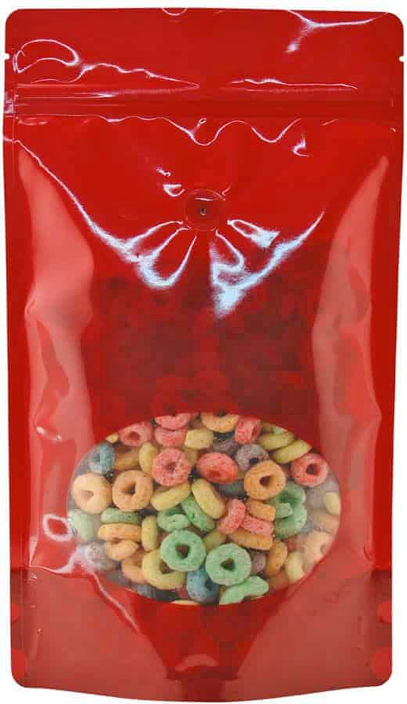 Red 16 oz. Window Stand Up Pouch with Valve 16 oz. Laminated Window Stand Up Zipper Pouch Bags - 6 3/4x11 1/2 + 4 RED - PET/LLDPE